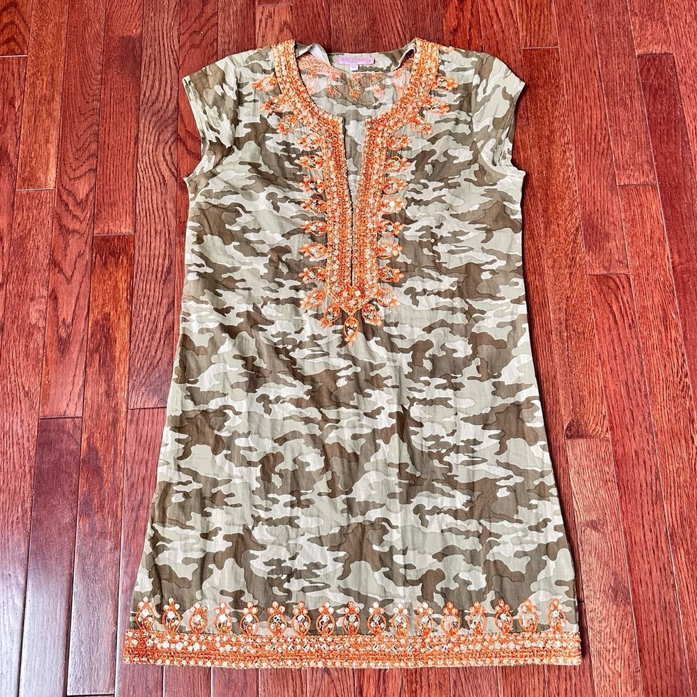 Calypso St Barth Army Camo Orange Beaded Sequin Embroidered Trim Tunic Dress